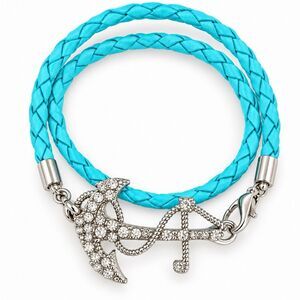 Turquoise Braided Rope Anchor Bracelet Silver Tone Crystal Rhinestone Wrap